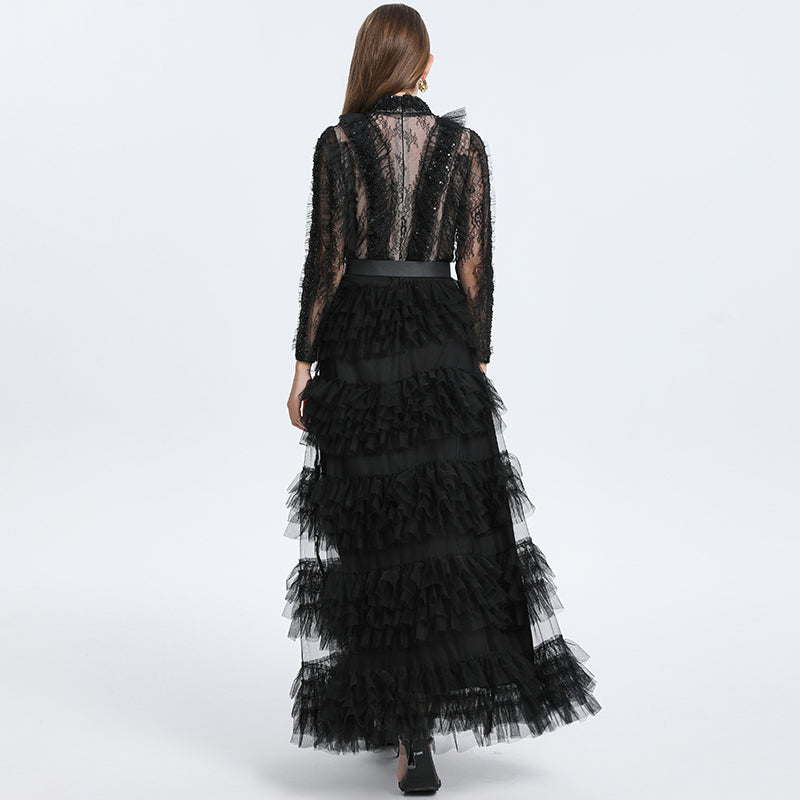 CM-DY052382 Women Elegant European Style Stand Collar Long Sleeve Belted Maxi Cupcake Dress - Black