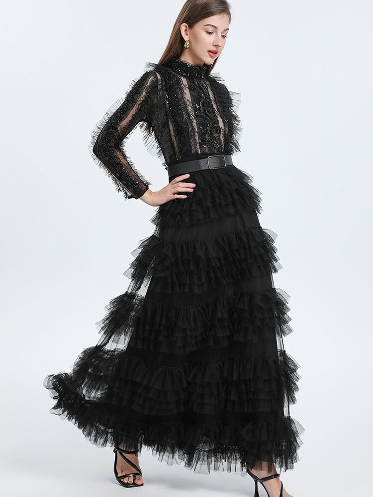 CM-DY052382 Women Elegant European Style Stand Collar Long Sleeve Belted Maxi Cupcake Dress - Black