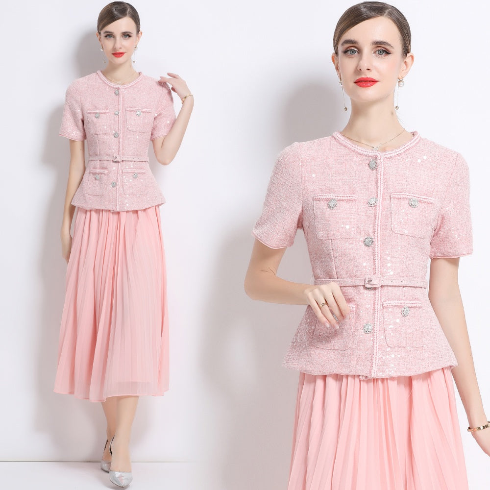 CM-DY052436 Women Elegant European Style Round Neck Short Sleeve Chiffon Pleated Long Dress - Pink