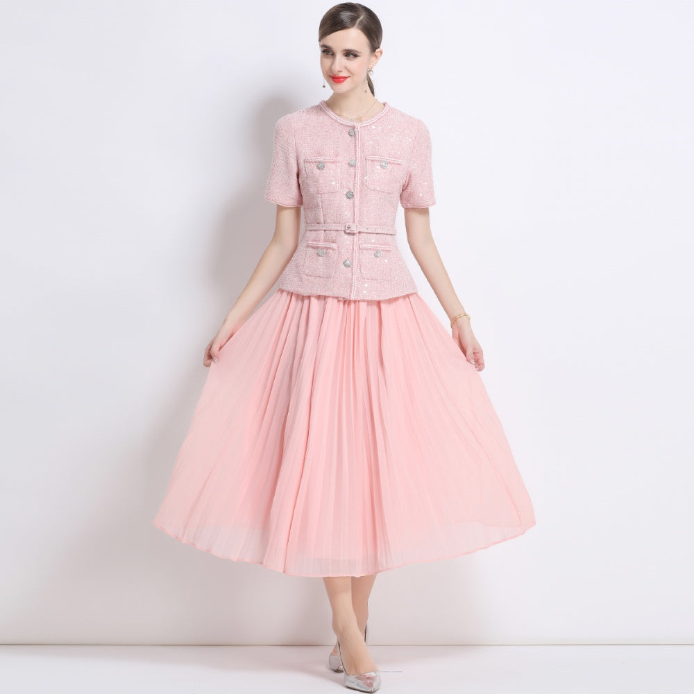 CM-DY052436 Women Elegant European Style Round Neck Short Sleeve Chiffon Pleated Long Dress - Pink