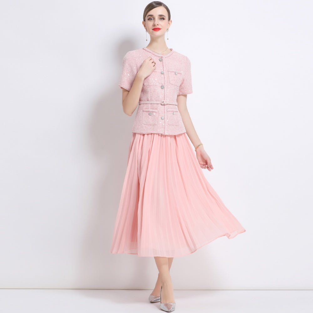 CM-DY052436 Women Elegant European Style Round Neck Short Sleeve Chiffon Pleated Long Dress - Pink
