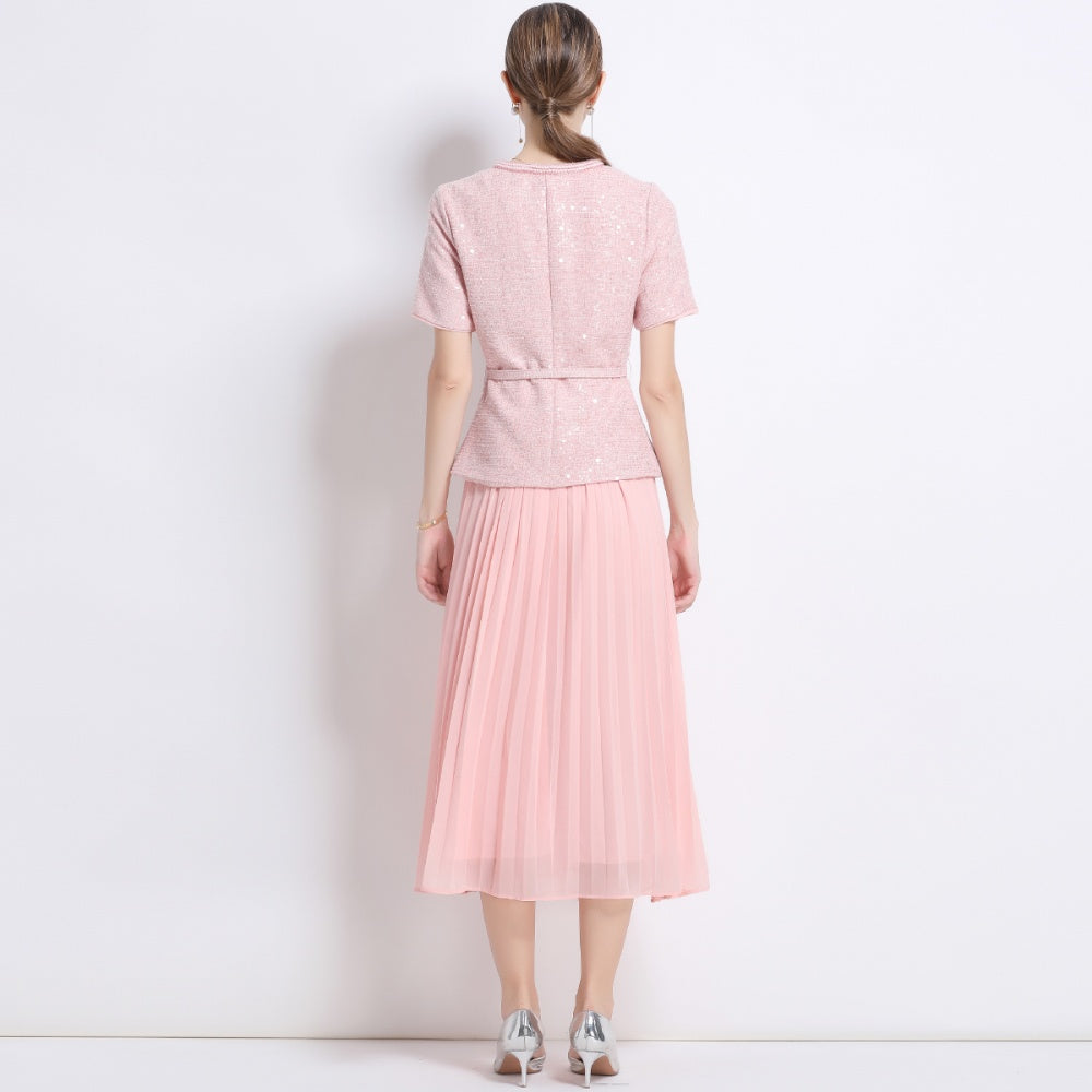 CM-DY052436 Women Elegant European Style Round Neck Short Sleeve Chiffon Pleated Long Dress - Pink