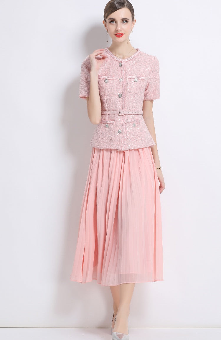 CM-DY052436 Women Elegant European Style Round Neck Short Sleeve Chiffon Pleated Long Dress - Pink