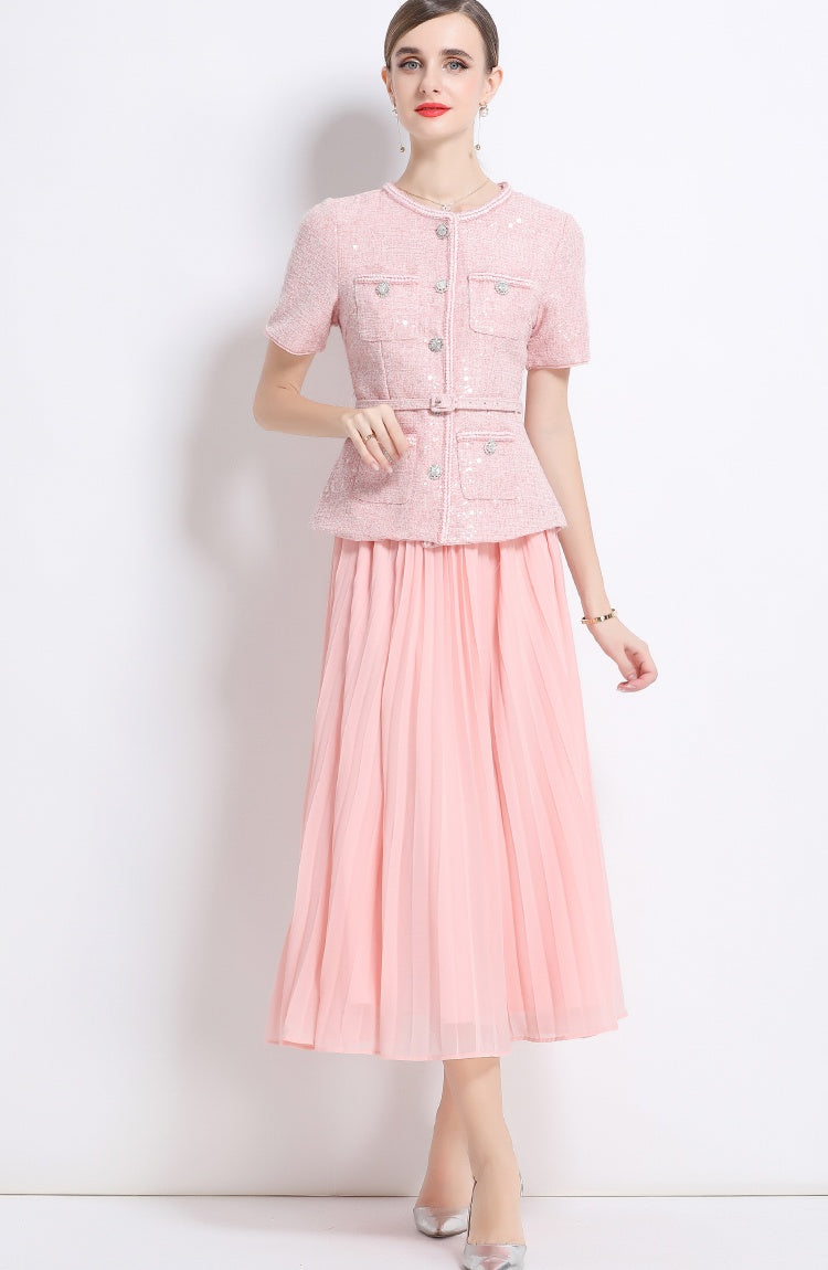 CM-DY052436 Women Elegant European Style Round Neck Short Sleeve Chiffon Pleated Long Dress - Pink