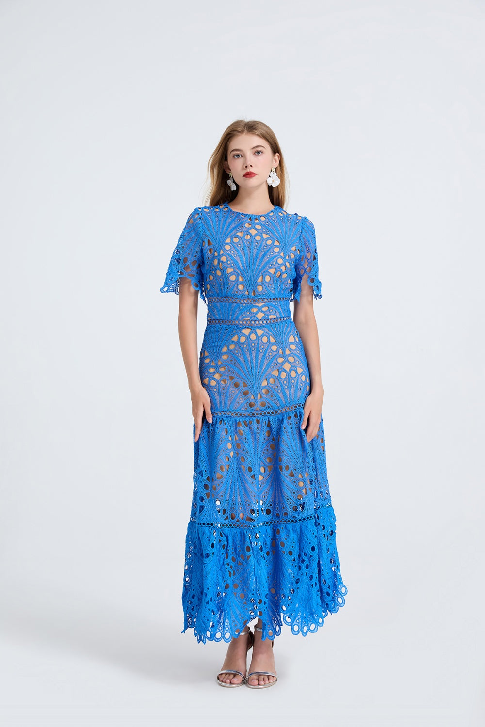 CM-DY053337 Women Elegant European Style Round Neck Short Sleeve High Waist Hollow Splice Long Dress - Blue