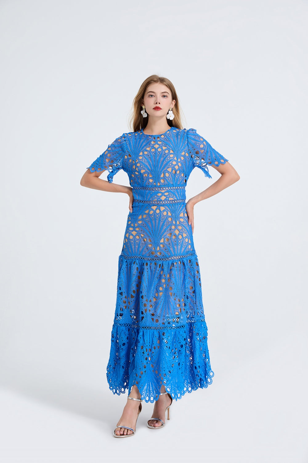 CM-DY053337 Women Elegant European Style Round Neck Short Sleeve High Waist Hollow Splice Long Dress - Blue