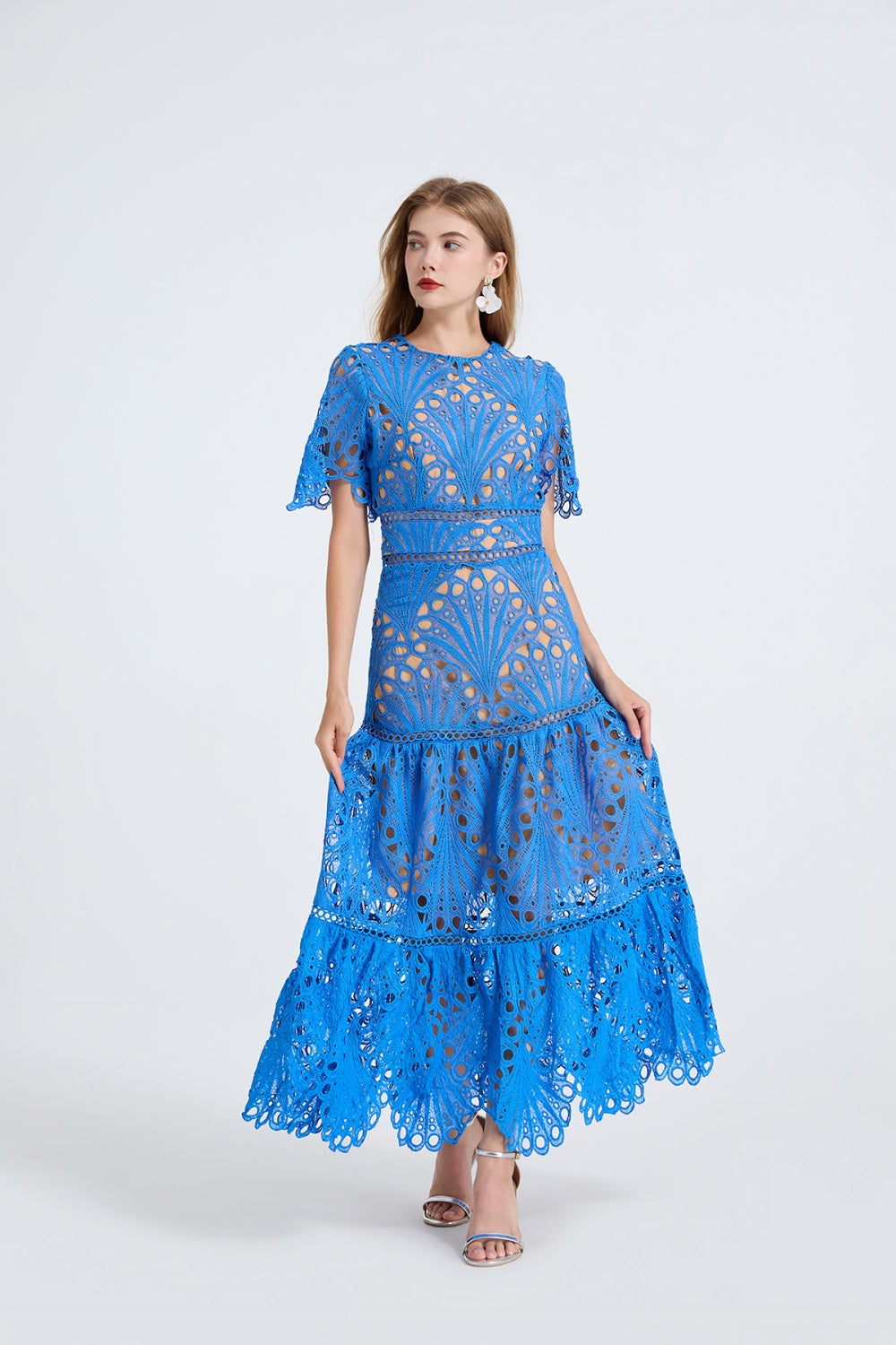 CM-DY053337 Women Elegant European Style Round Neck Short Sleeve High Waist Hollow Splice Long Dress - Blue