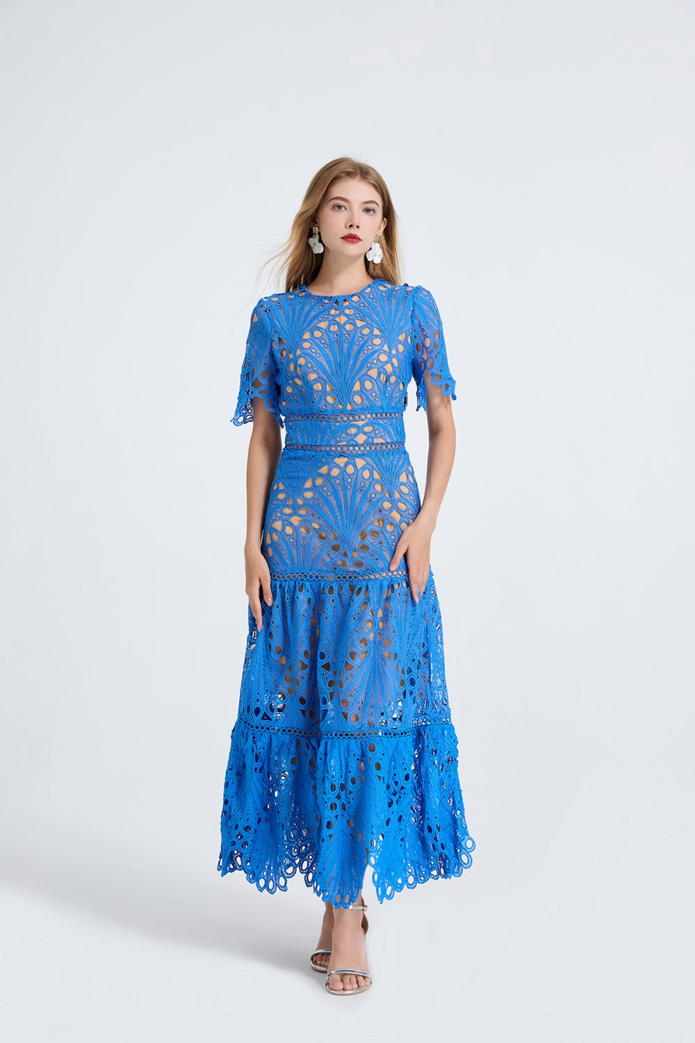 CM-DY053337 Women Elegant European Style Round Neck Short Sleeve High Waist Hollow Splice Long Dress - Blue