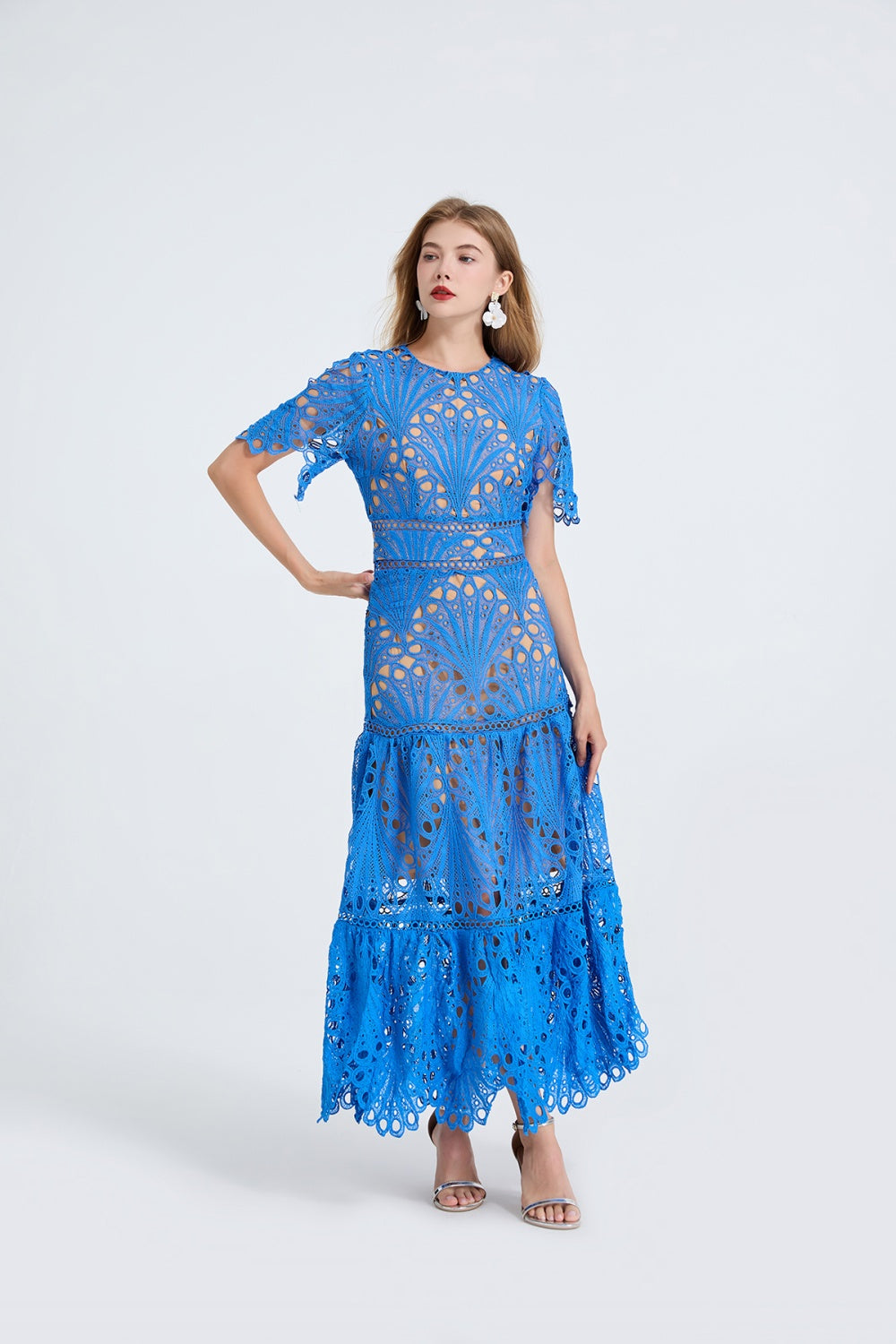 CM-DY053337 Women Elegant European Style Round Neck Short Sleeve High Waist Hollow Splice Long Dress - Blue