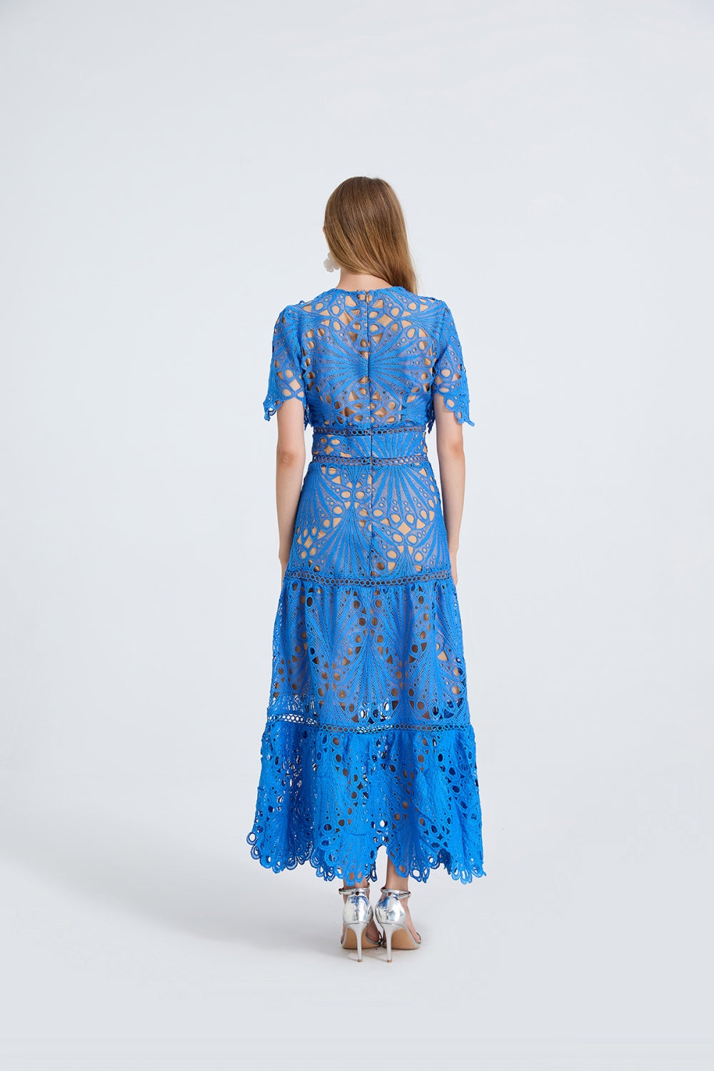 CM-DY053337 Women Elegant European Style Round Neck Short Sleeve High Waist Hollow Splice Long Dress - Blue
