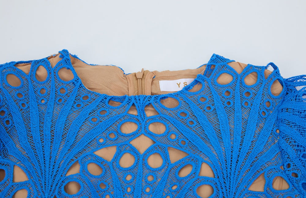 CM-DY053337 Women Elegant European Style Round Neck Short Sleeve High Waist Hollow Splice Long Dress - Blue