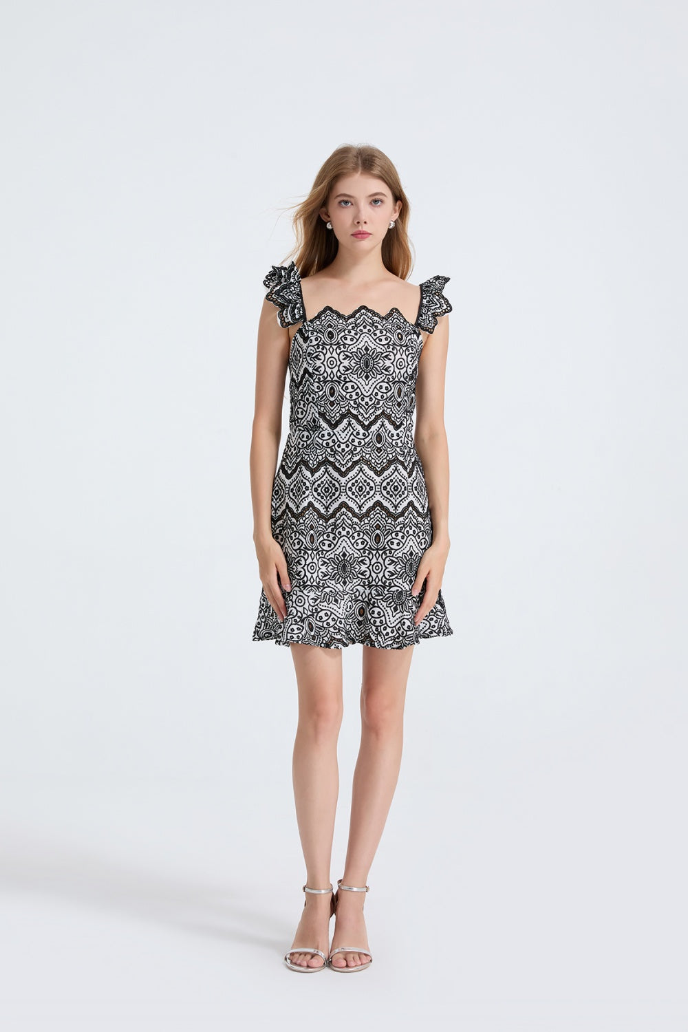 CM-DY053338 Women Elegant European Style Square Collar Sleeveless Embroidery High Waist Slim Mini Dress - Black