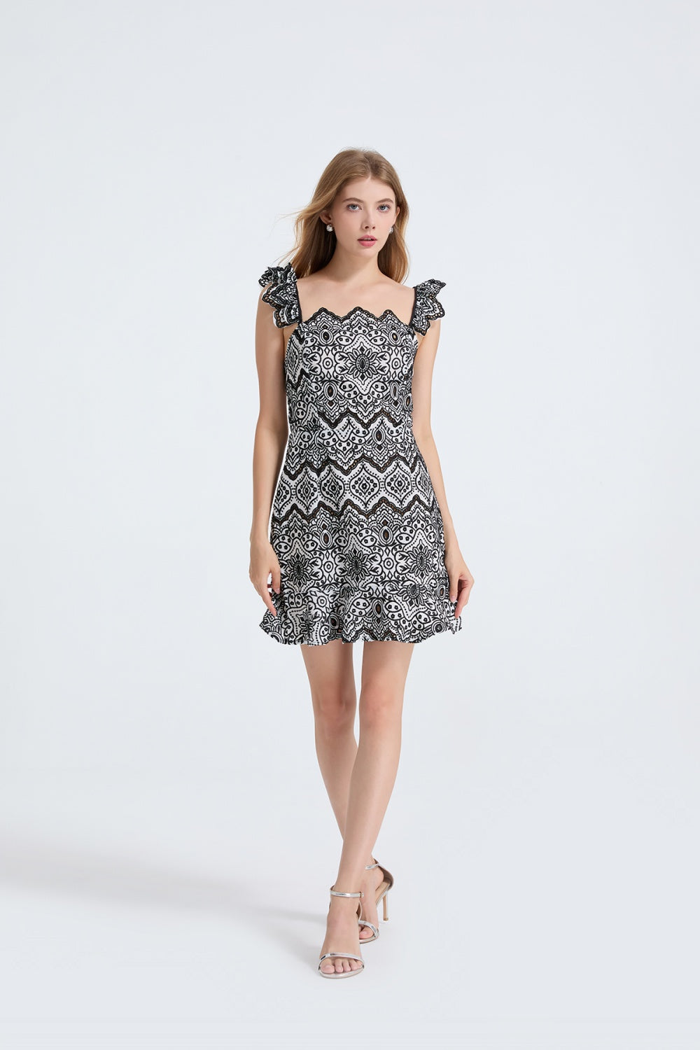 CM-DY053338 Women Elegant European Style Square Collar Sleeveless Embroidery High Waist Slim Mini Dress - Black