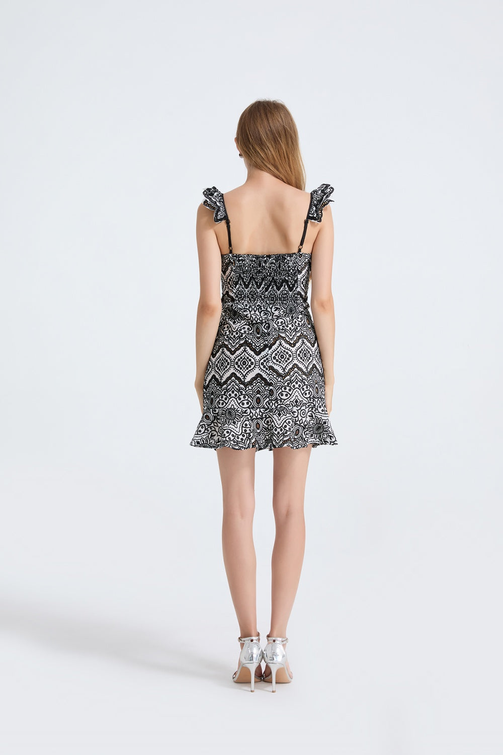 CM-DY053338 Women Elegant European Style Square Collar Sleeveless Embroidery High Waist Slim Mini Dress - Black