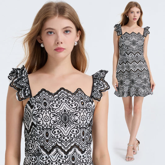 CM-DY053338 Women Elegant European Style Square Collar Sleeveless Embroidery High Waist Slim Mini Dress - Black