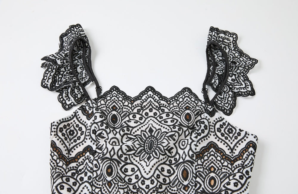 CM-DY053338 Women Elegant European Style Square Collar Sleeveless Embroidery High Waist Slim Mini Dress - Black