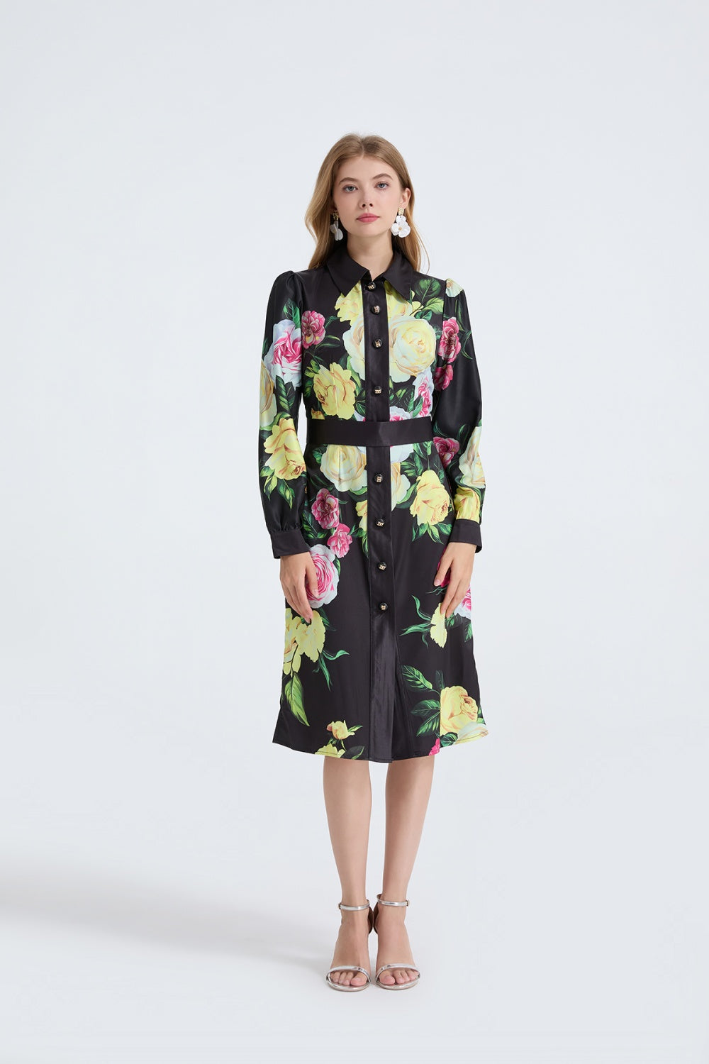 CM-DY053339 Women Elegant European Style Floral Print Collar Neckline Long Sleeve Midi Dress - Black