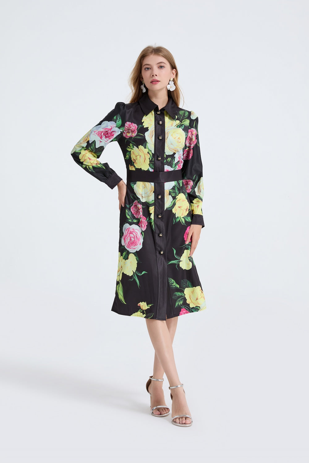 CM-DY053339 Women Elegant European Style Floral Print Collar Neckline Long Sleeve Midi Dress - Black