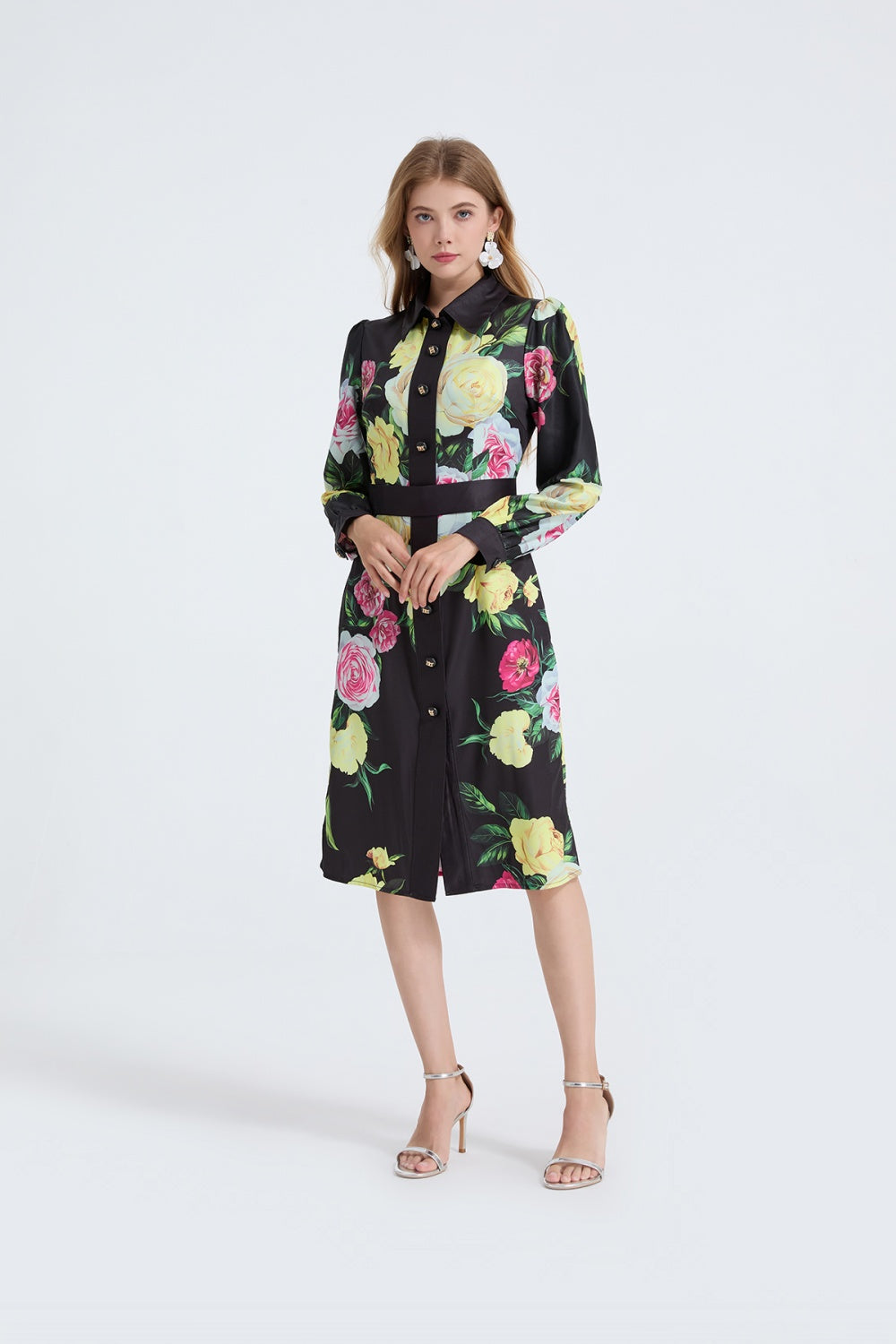 CM-DY053339 Women Elegant European Style Floral Print Collar Neckline Long Sleeve Midi Dress - Black