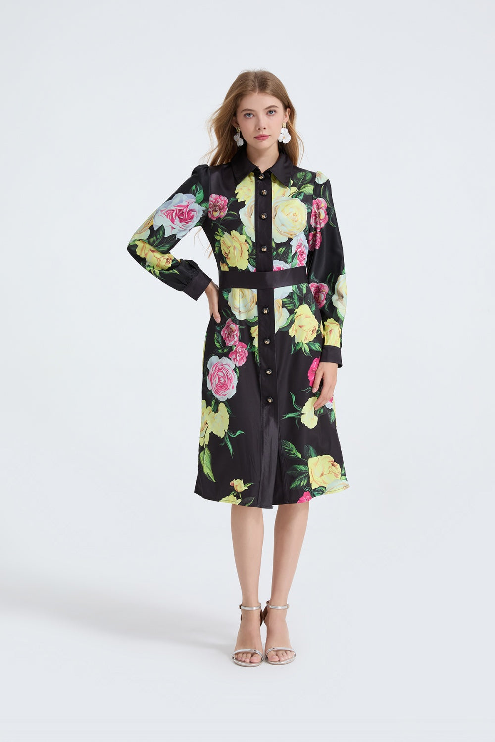 CM-DY053339 Women Elegant European Style Floral Print Collar Neckline Long Sleeve Midi Dress - Black