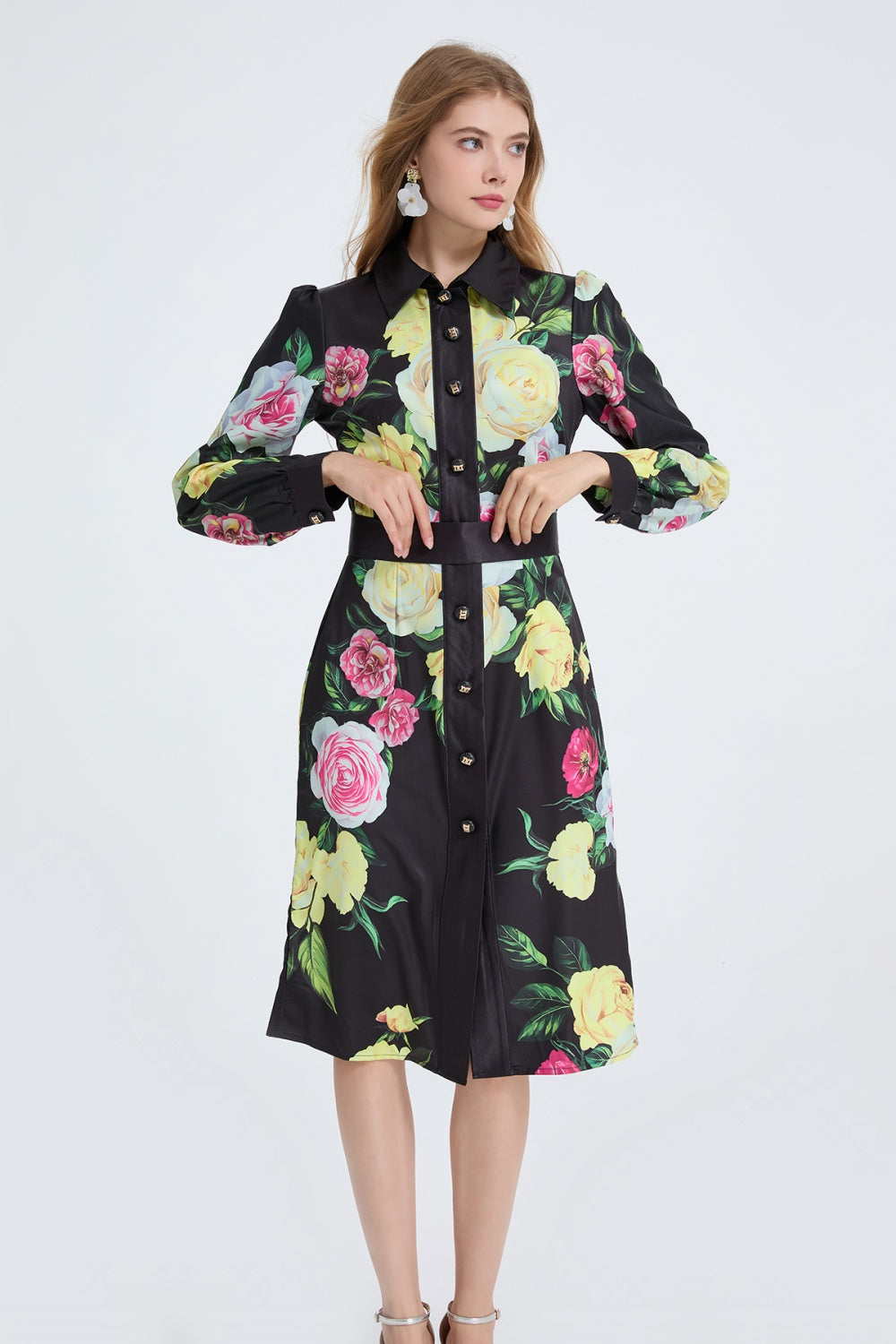 CM-DY053339 Women Elegant European Style Floral Print Collar Neckline Long Sleeve Midi Dress - Black