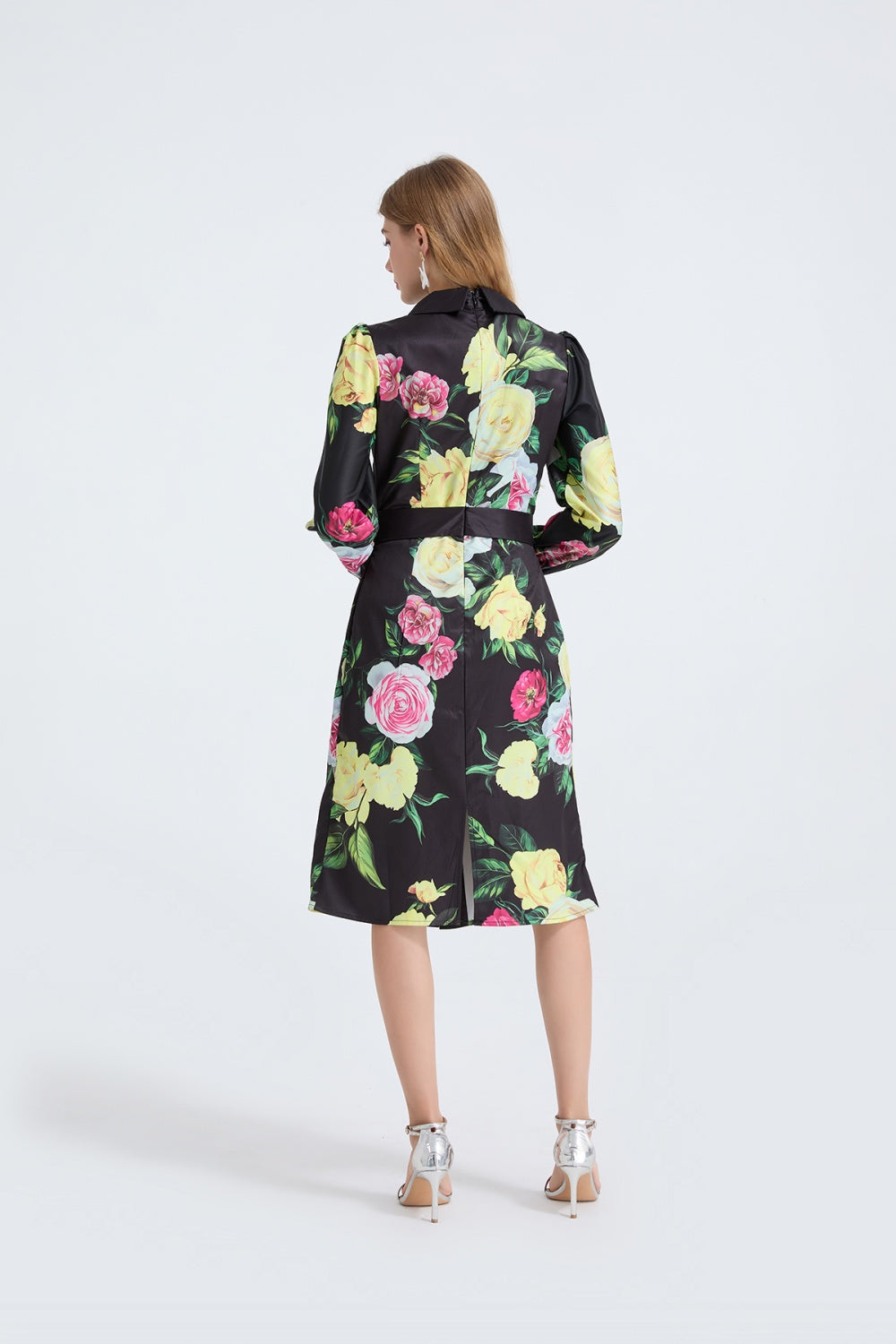 CM-DY053339 Women Elegant European Style Floral Print Collar Neckline Long Sleeve Midi Dress - Black