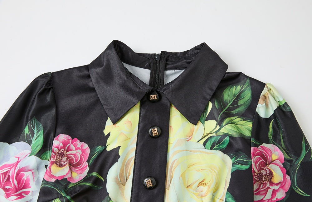 CM-DY053339 Women Elegant European Style Floral Print Collar Neckline Long Sleeve Midi Dress - Black