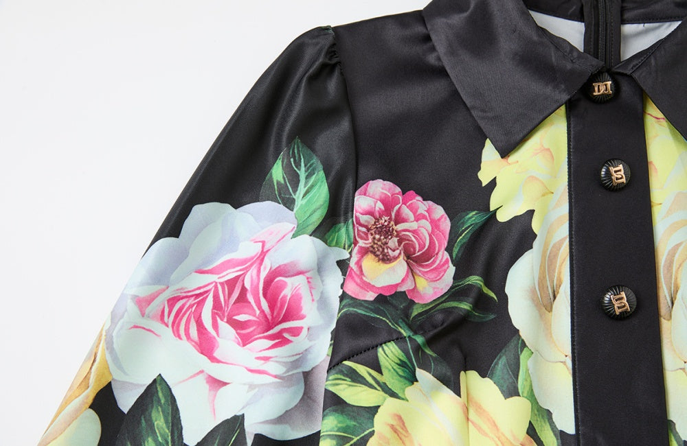 CM-DY053339 Women Elegant European Style Floral Print Collar Neckline Long Sleeve Midi Dress - Black