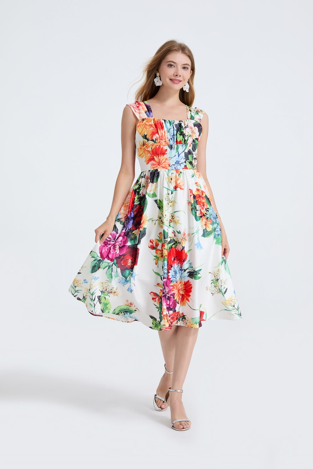 CM-DY053340 Women Elegant European Style High Waist Square Collar Sleeveless A-Line Midi Dress