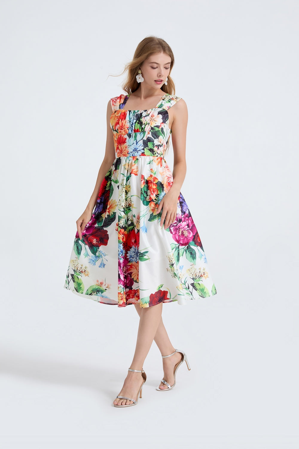 CM-DY053340 Women Elegant European Style High Waist Square Collar Sleeveless A-Line Midi Dress
