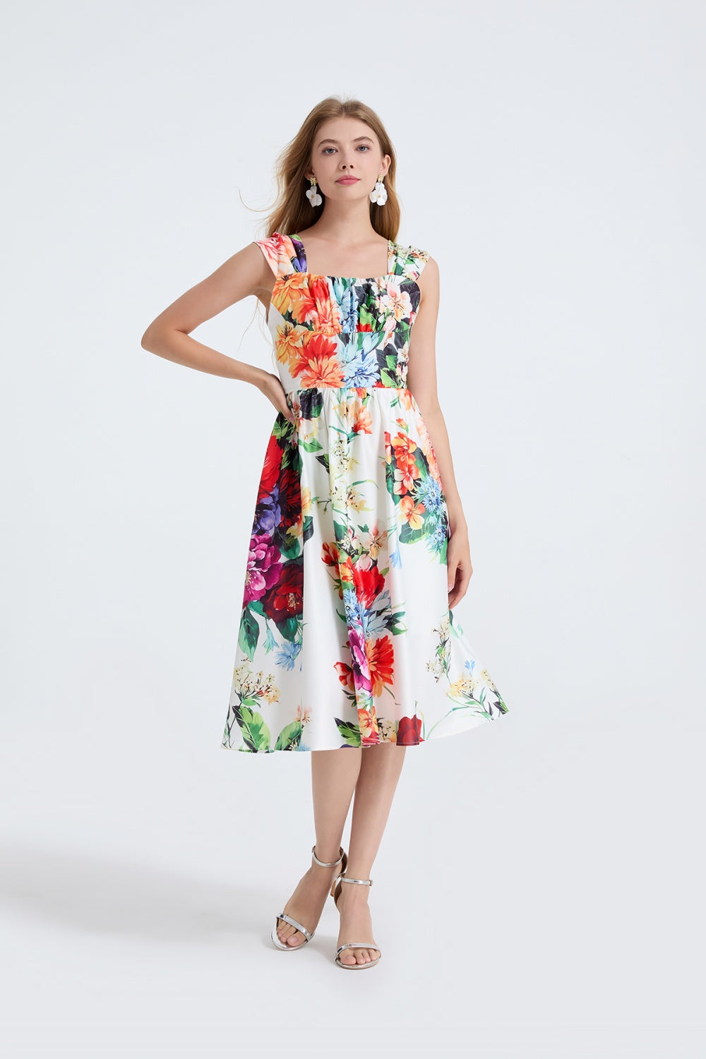 CM-DY053340 Women Elegant European Style High Waist Square Collar Sleeveless A-Line Midi Dress