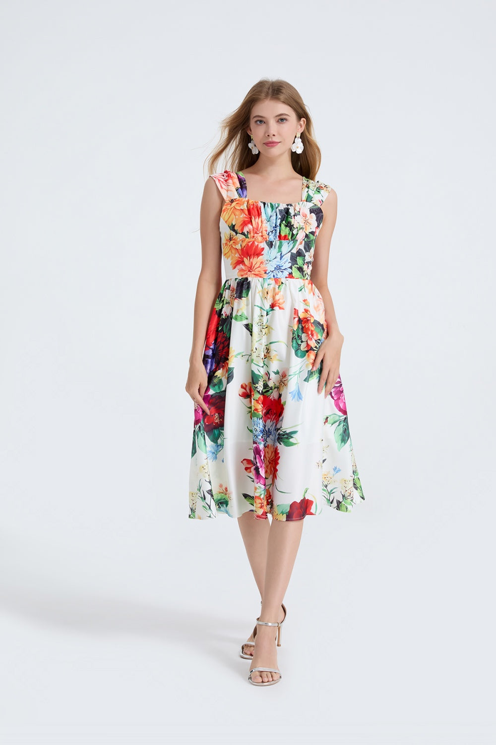 CM-DY053340 Women Elegant European Style High Waist Square Collar Sleeveless A-Line Midi Dress