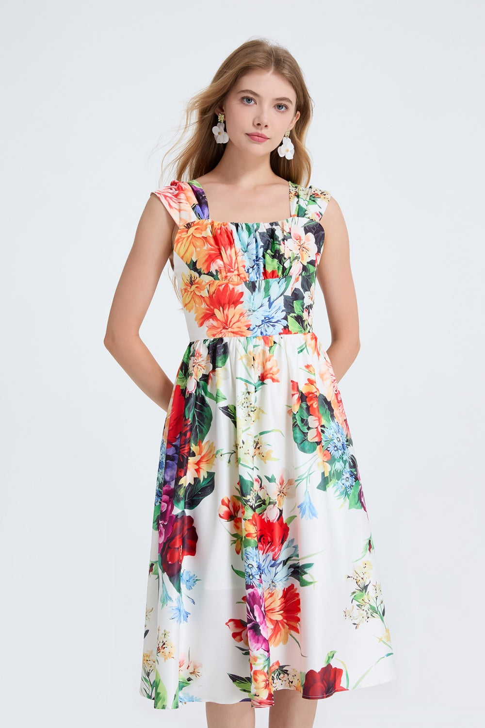 CM-DY053340 Women Elegant European Style High Waist Square Collar Sleeveless A-Line Midi Dress