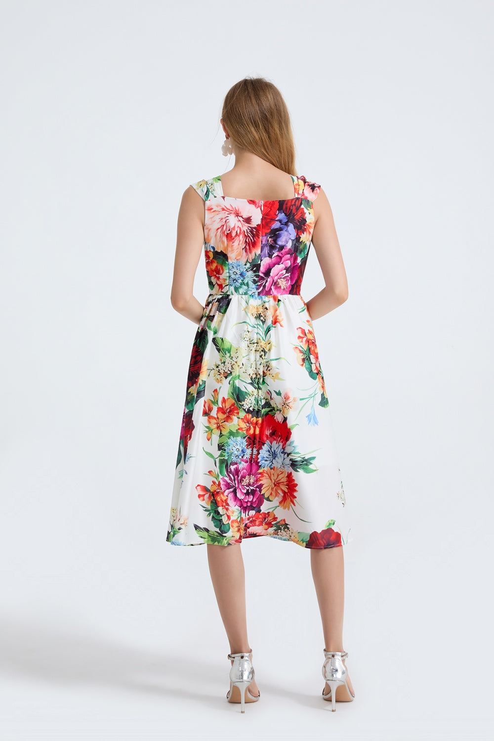 CM-DY053340 Women Elegant European Style High Waist Square Collar Sleeveless A-Line Midi Dress
