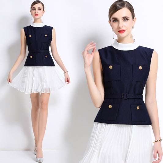 CM-DY053972 Women Elegant European Style Chiffon Round Neck Sleeveless High Waist Mini Dress - Navy Blue