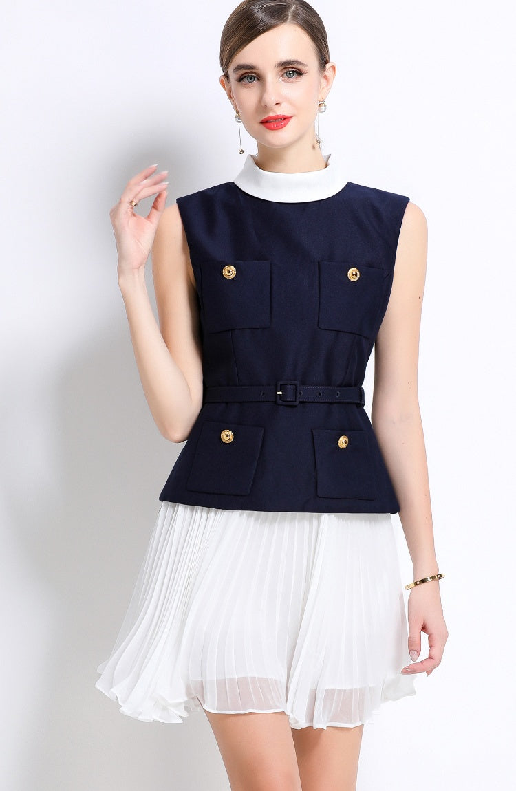 CM-DY053972 Women Elegant European Style Chiffon Round Neck Sleeveless High Waist Mini Dress - Navy Blue