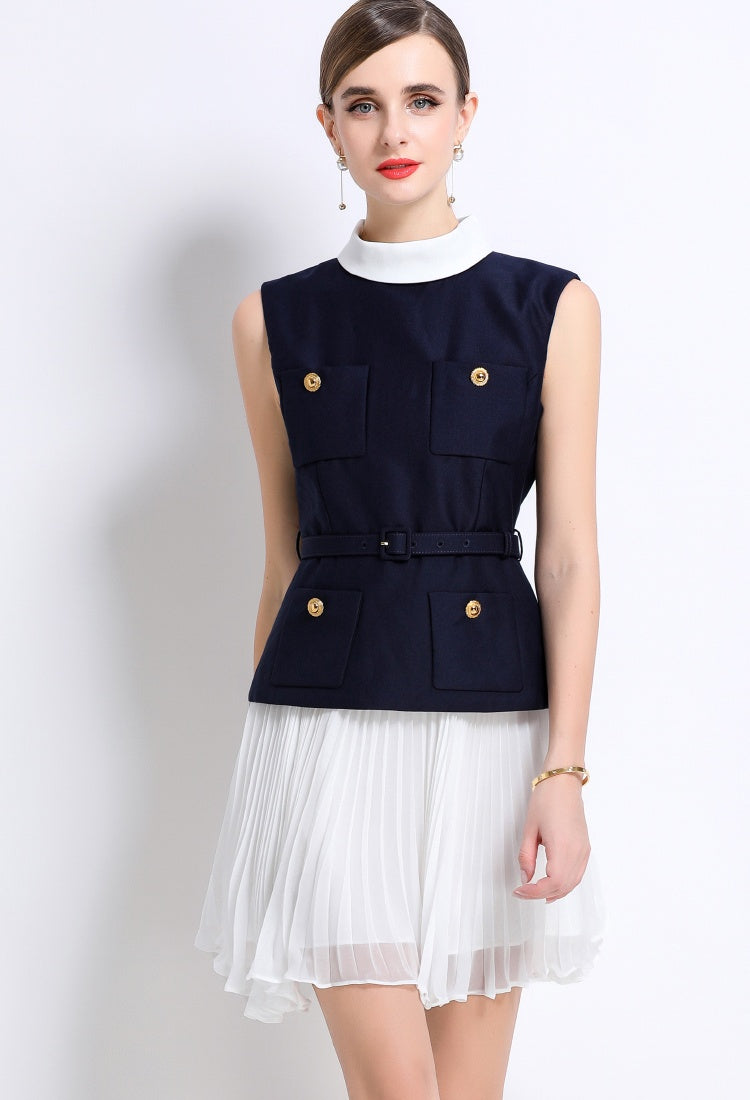 CM-DY053972 Women Elegant European Style Chiffon Round Neck Sleeveless High Waist Mini Dress - Navy Blue
