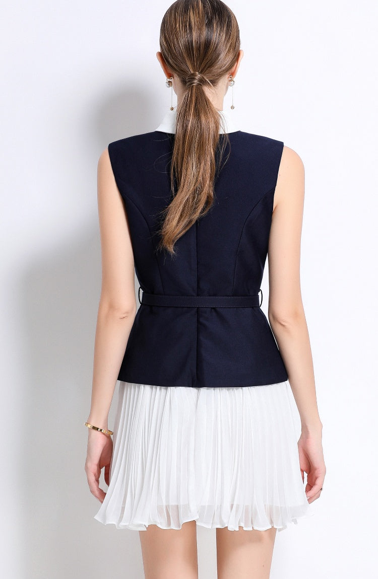 CM-DY053972 Women Elegant European Style Chiffon Round Neck Sleeveless High Waist Mini Dress - Navy Blue