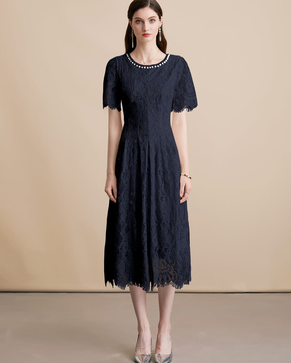 CM-DY054096 Women Elegant European Style Lace Round Neck Pearl Decor Short Sleeve Short Maxi Dress