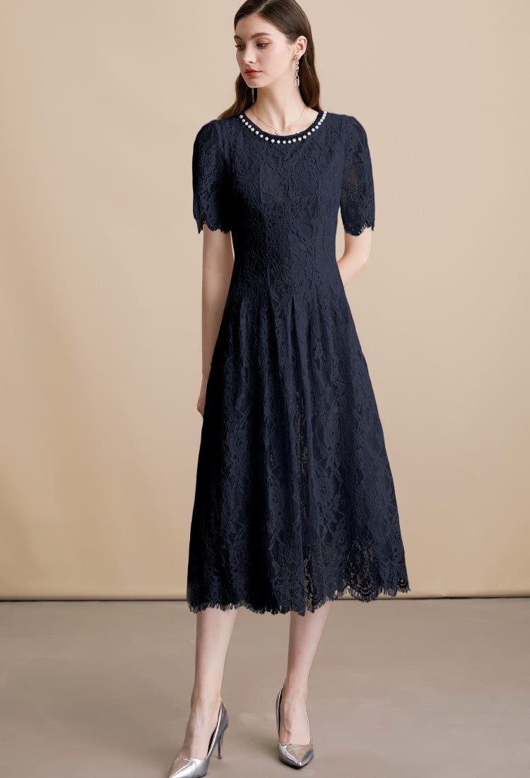 CM-DY054096 Women Elegant European Style Lace Round Neck Pearl Decor Short Sleeve Short Maxi Dress