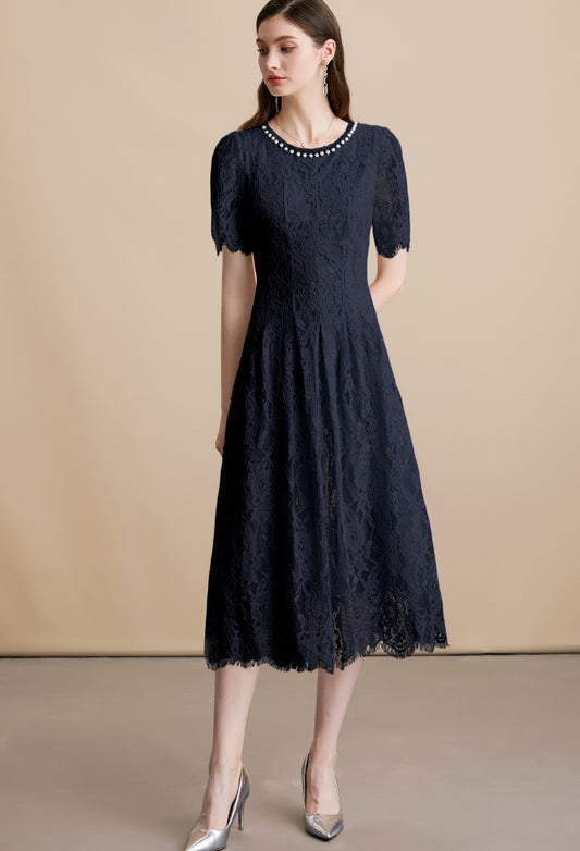 CM-DY054096 Women Elegant European Style Lace Round Neck Pearl Decor Short Sleeve Short Maxi Dress