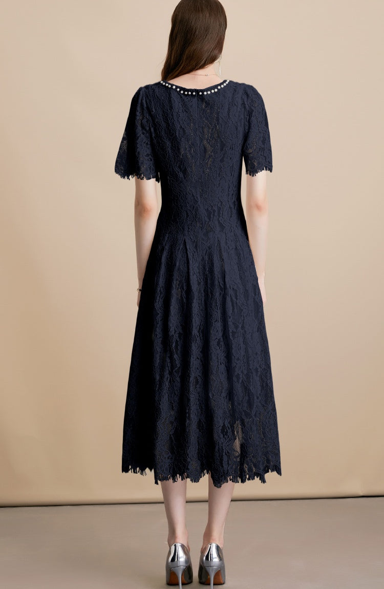 CM-DY054096 Women Elegant European Style Lace Round Neck Pearl Decor Short Sleeve Short Maxi Dress