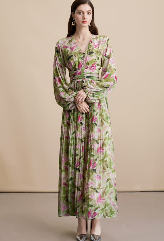 CM-DY054097 Women Elegant European Style Floral Print V-Neck Long Sleeve Pinched Waist Maxi Dress