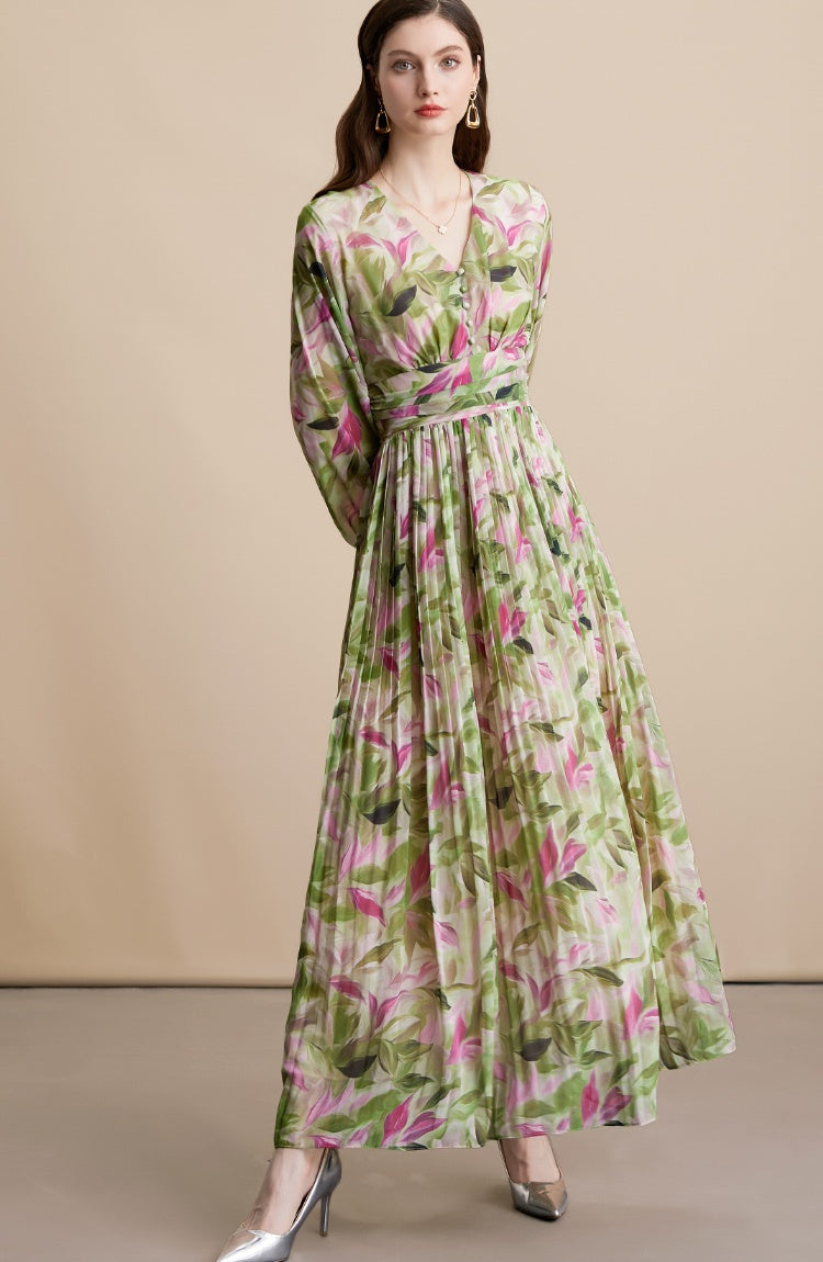 CM-DY054097 Women Elegant European Style Floral Print V-Neck Long Sleeve Pinched Waist Maxi Dress