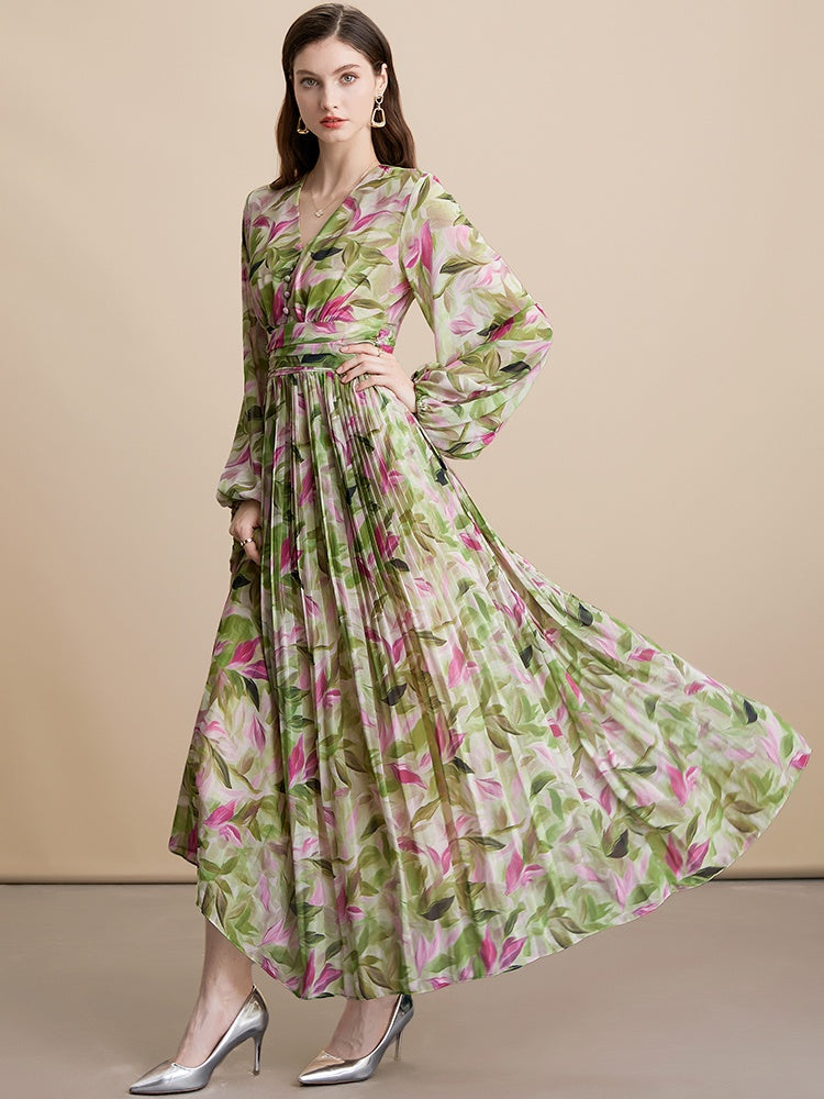CM-DY054097 Women Elegant European Style Floral Print V-Neck Long Sleeve Pinched Waist Maxi Dress