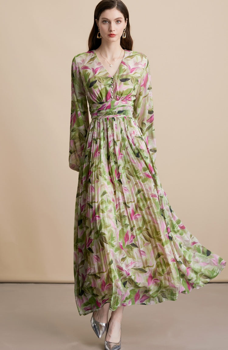 CM-DY054097 Women Elegant European Style Floral Print V-Neck Long Sleeve Pinched Waist Maxi Dress