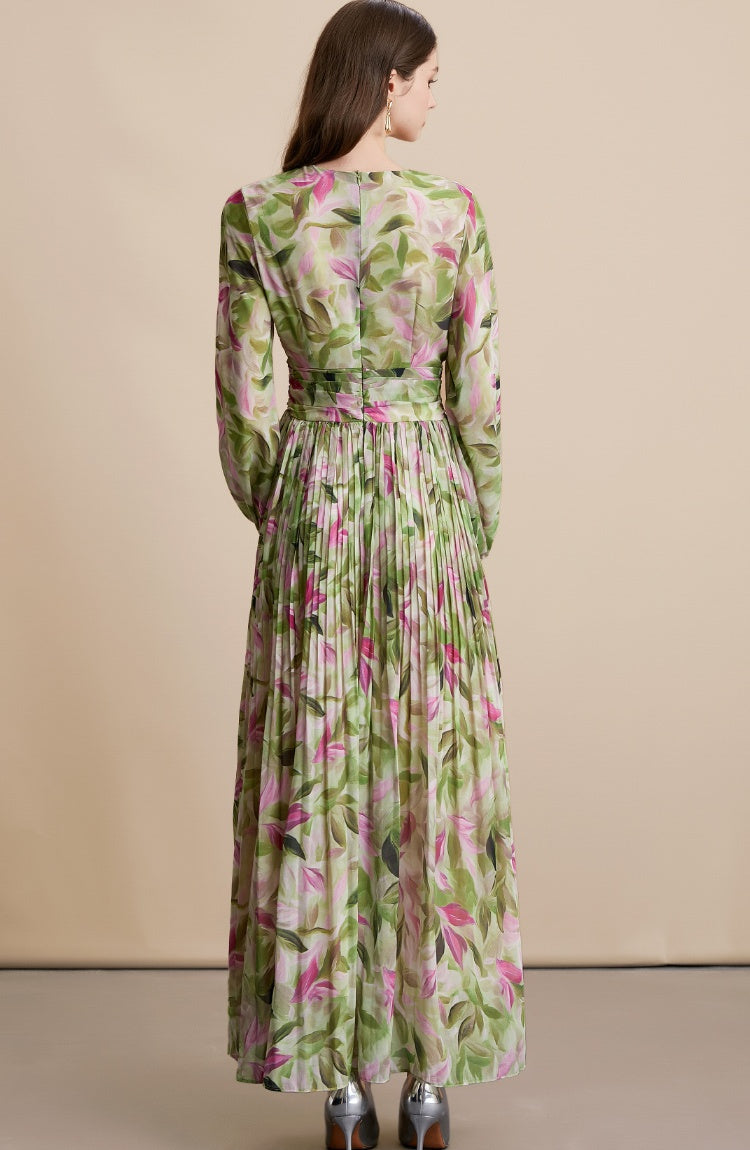 CM-DY054097 Women Elegant European Style Floral Print V-Neck Long Sleeve Pinched Waist Maxi Dress