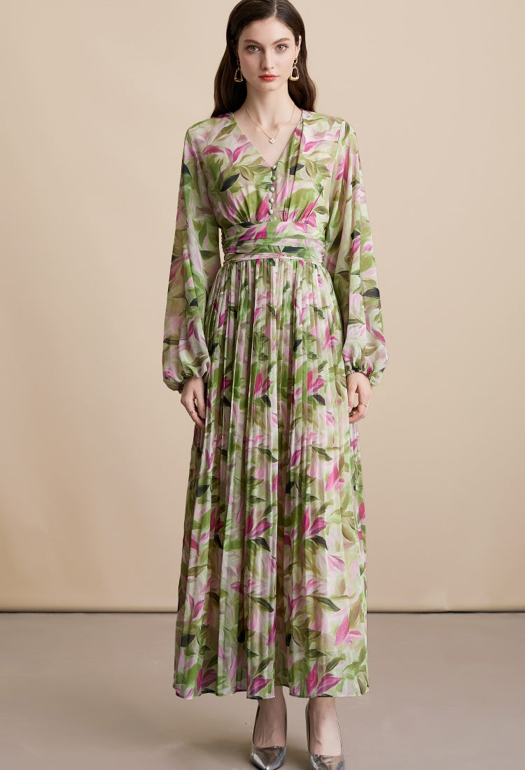 CM-DY054097 Women Elegant European Style Floral Print V-Neck Long Sleeve Pinched Waist Maxi Dress