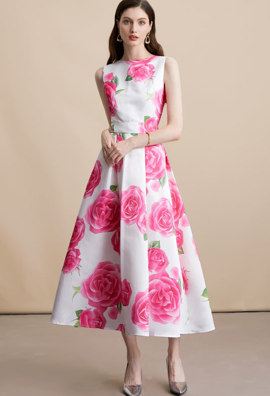 CM-DY054098 Women Elegant European Style Round Neck Sleeveless Pinched Waist A-Line Mid-Length Dress