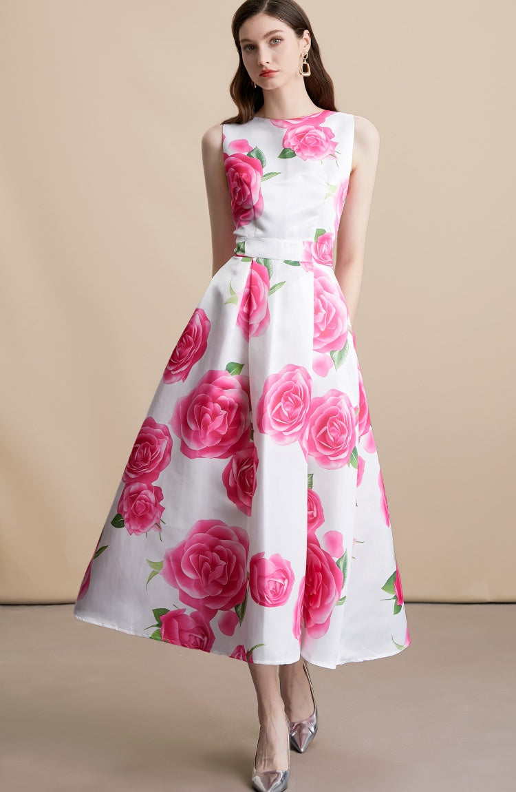 CM-DY054098 Women Elegant European Style Round Neck Sleeveless Pinched Waist A-Line Mid-Length Dress